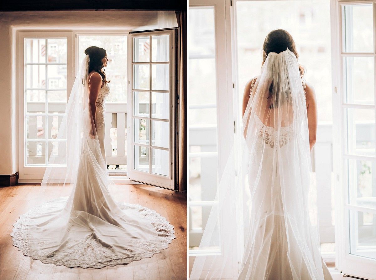 Side by side views of a wedding dress with long flowing train by French doors.
