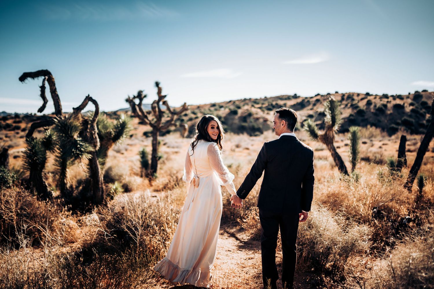 Wedding couple walking hand in hand through desert landscape with Joshua trees.