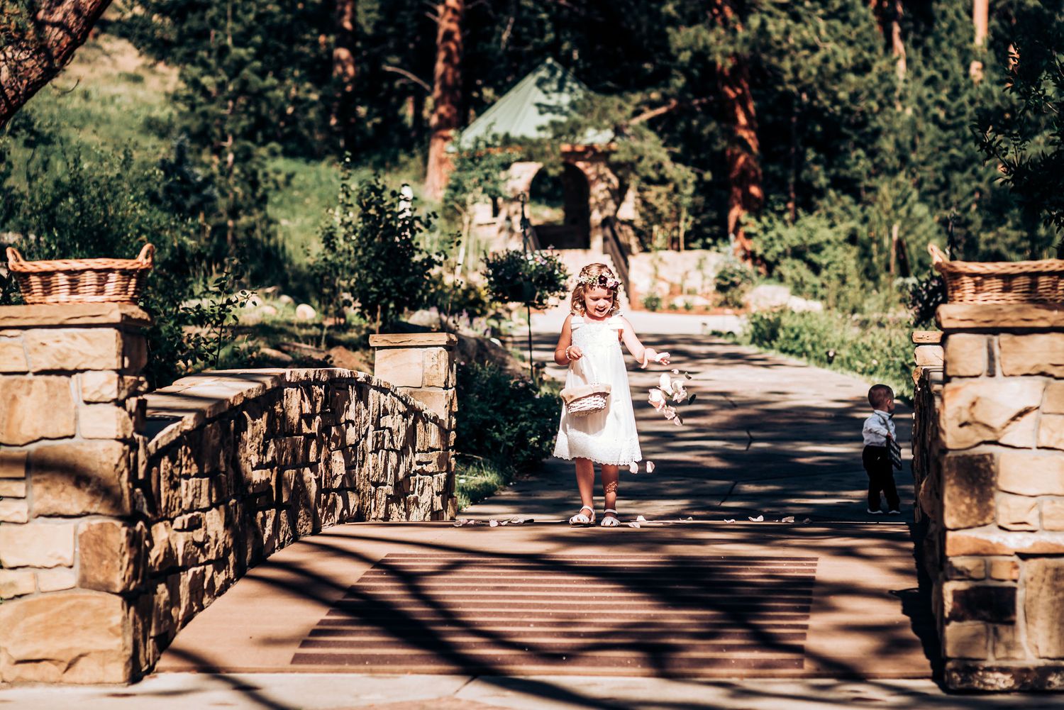 A stone bridge walkway surrounded by lush forest scenery and tall pine trees.