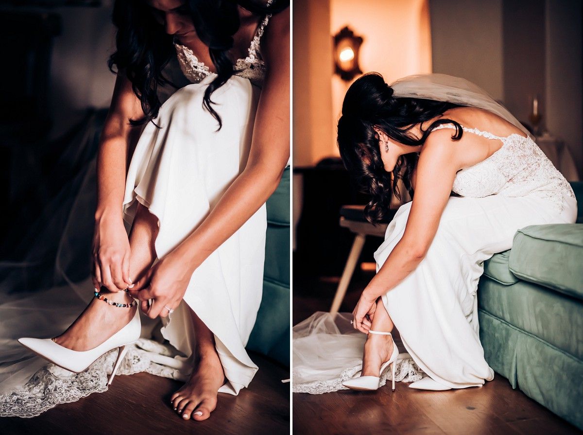 Two views of wedding shoes being put on with intricate lace dress details.