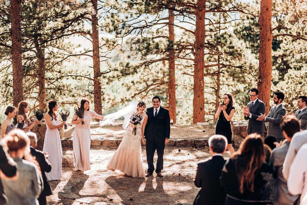 Wedding celebration in a mountainside pine forest with guests gathered in a natural amphitheater setting.