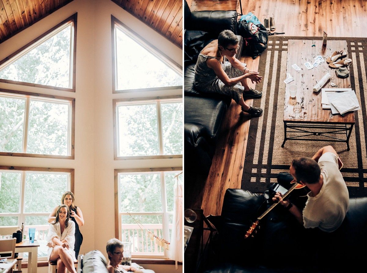 Modern cabin interior with large windows and musicians performing with instruments.