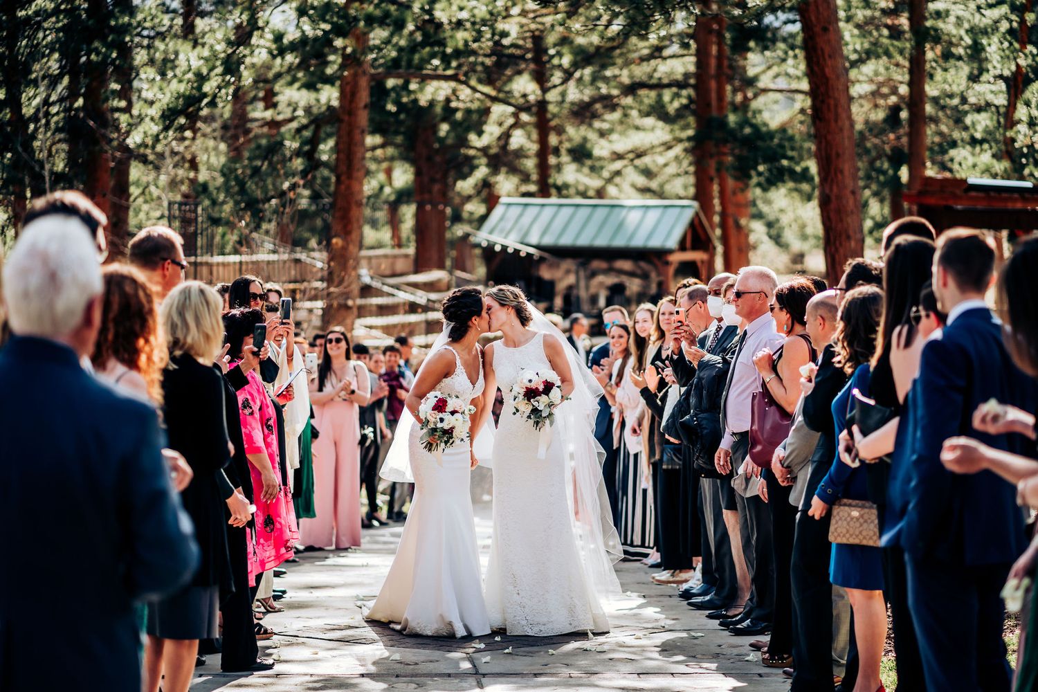 A wedding celebration on a mountain path with guests lining both sides under towering pine trees.