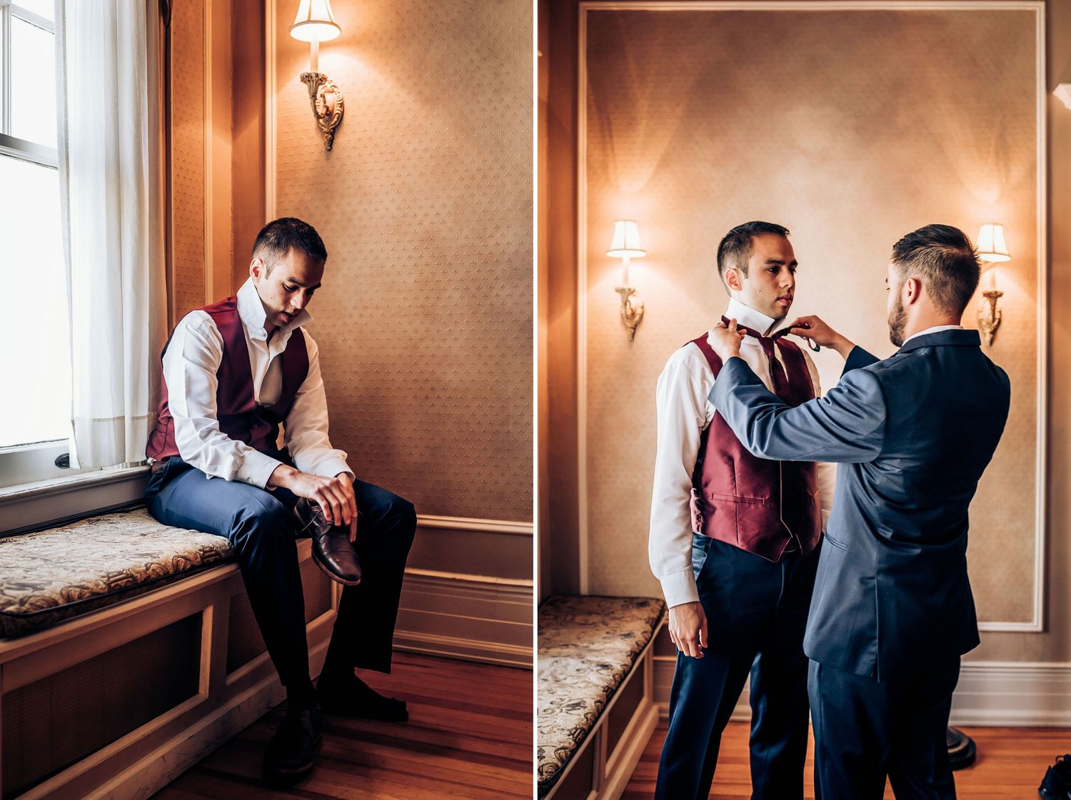 Wedding preparation scene in an elegant room with warm lighting and wooden bench seating.