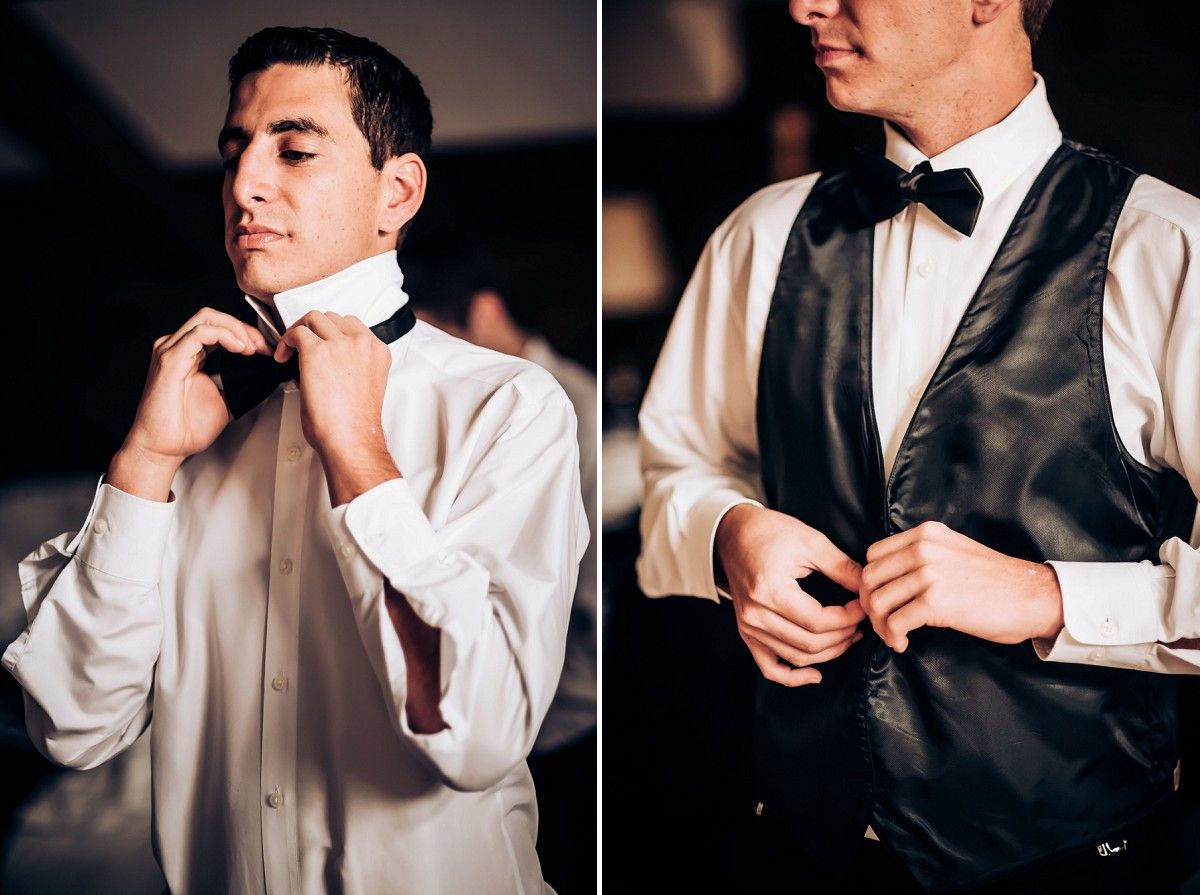 Split image showing formal attire preparation with bow tie and vest.