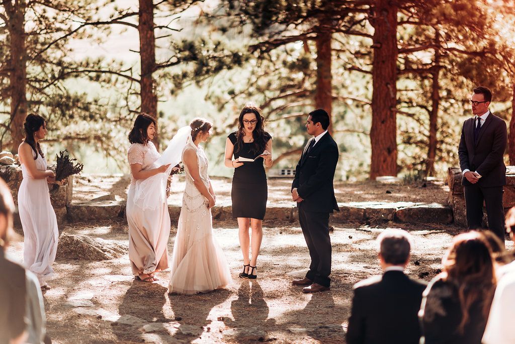 Wedding party gathers in dappled sunlight during an outdoor forest ceremony.