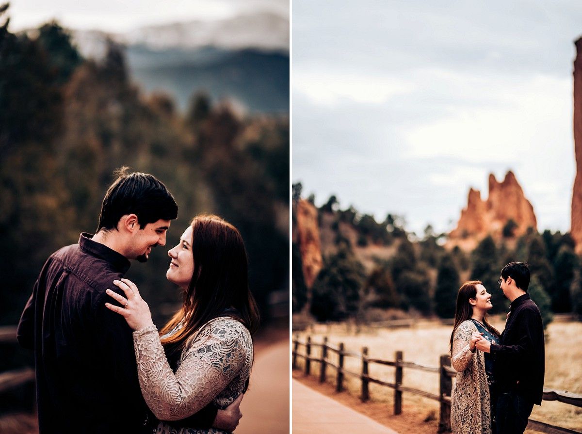 Side by side engagement photos showing couple in romantic poses at Garden of the Gods.