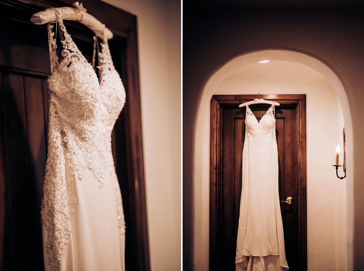 Two views of a lace wedding gown hanging in an archway with warm lighting.