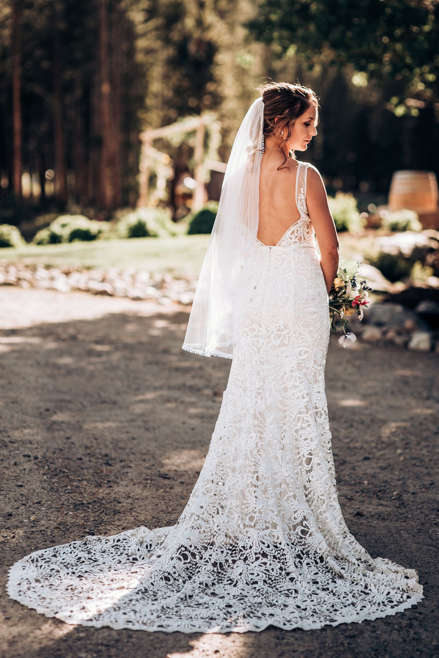 Back view of bride in stunning lace wedding dress with long train and veil.
