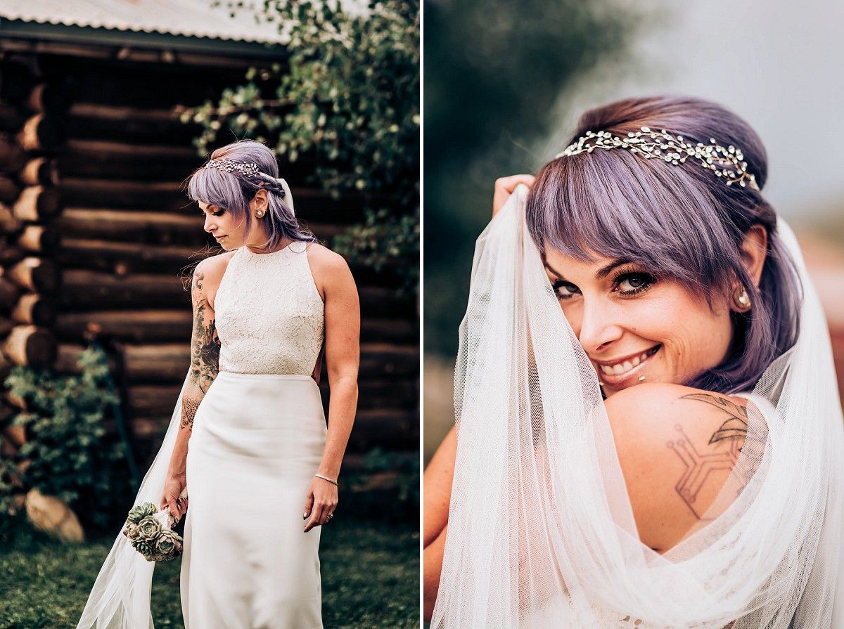 Wedding portrait showing elegant white dress with delicate lace details and purple tinted hair.