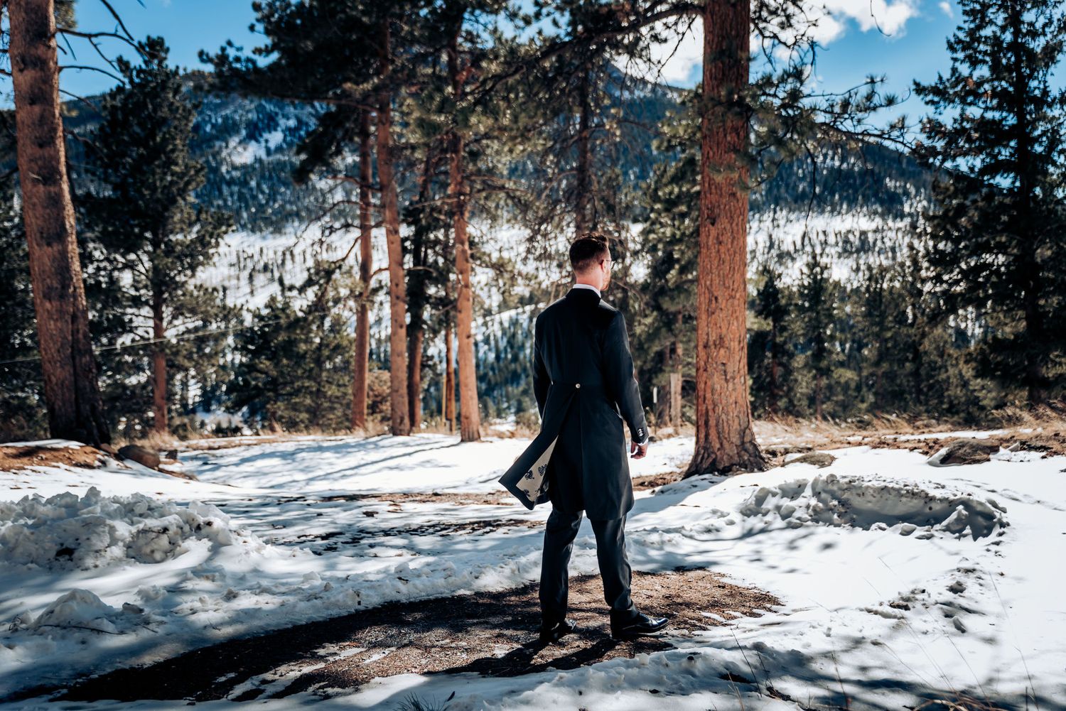 A silhouetted figure in a suit stands among snow-covered pine trees with mountains in the background.