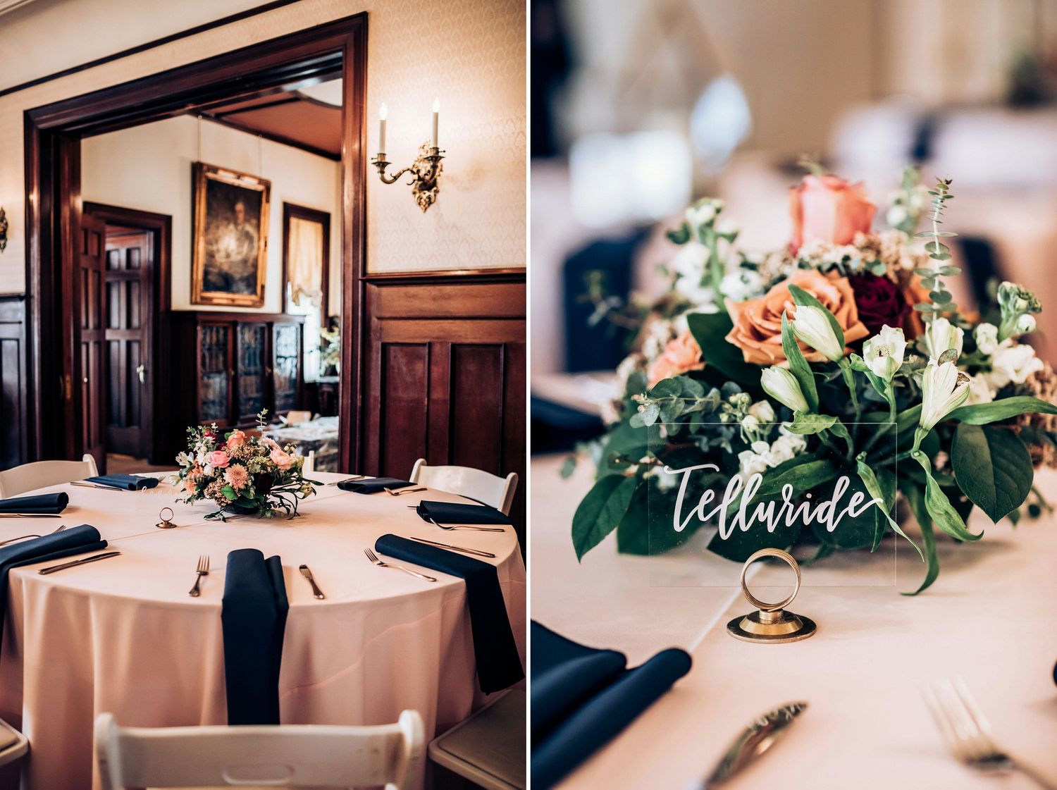 Elegant wedding reception table setting with floral centerpiece and navy accents.