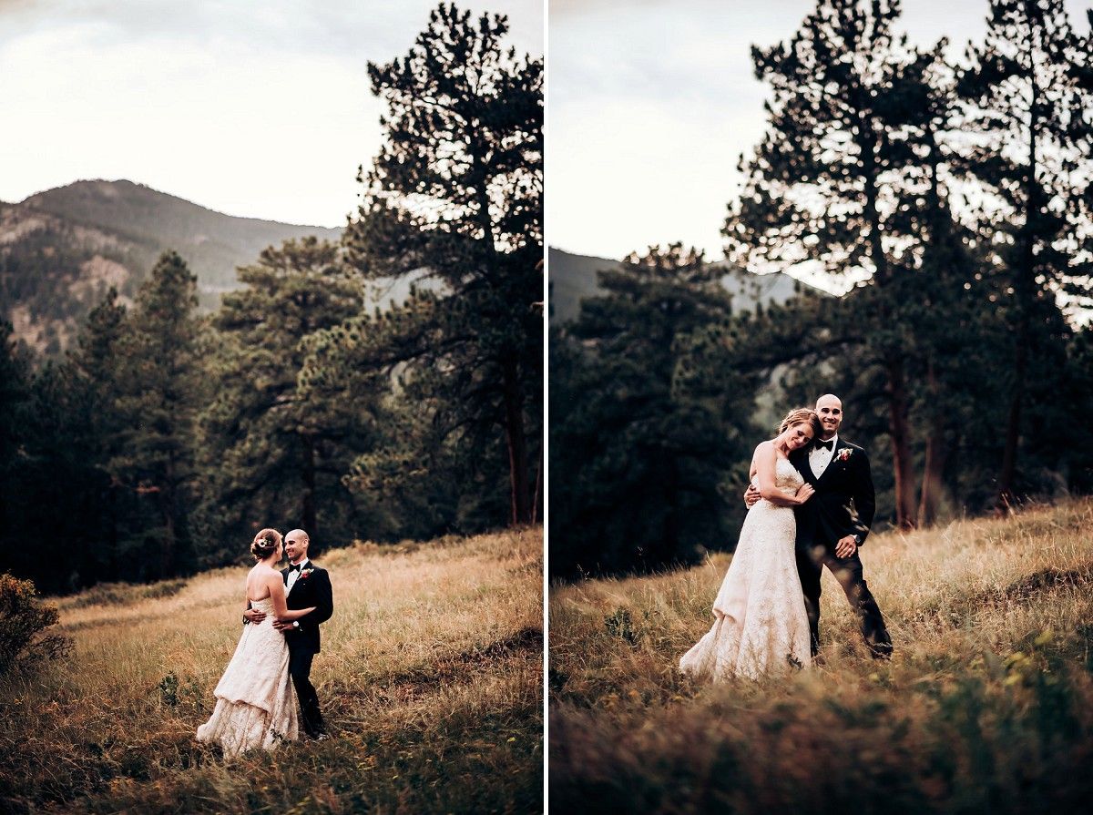 Wedding portraits in a mountain meadow with pine forest backdrop shown in split image format.