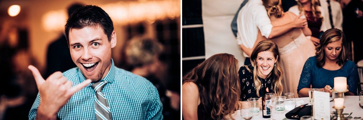 Split image showing animated reactions during wedding reception celebrations.