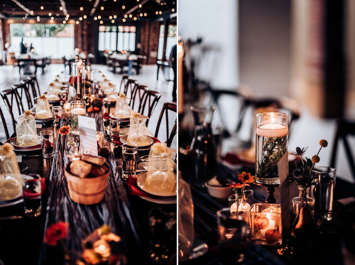 Elegant wedding reception table setup with moody lighting and candle centerpieces in an industrial venue.