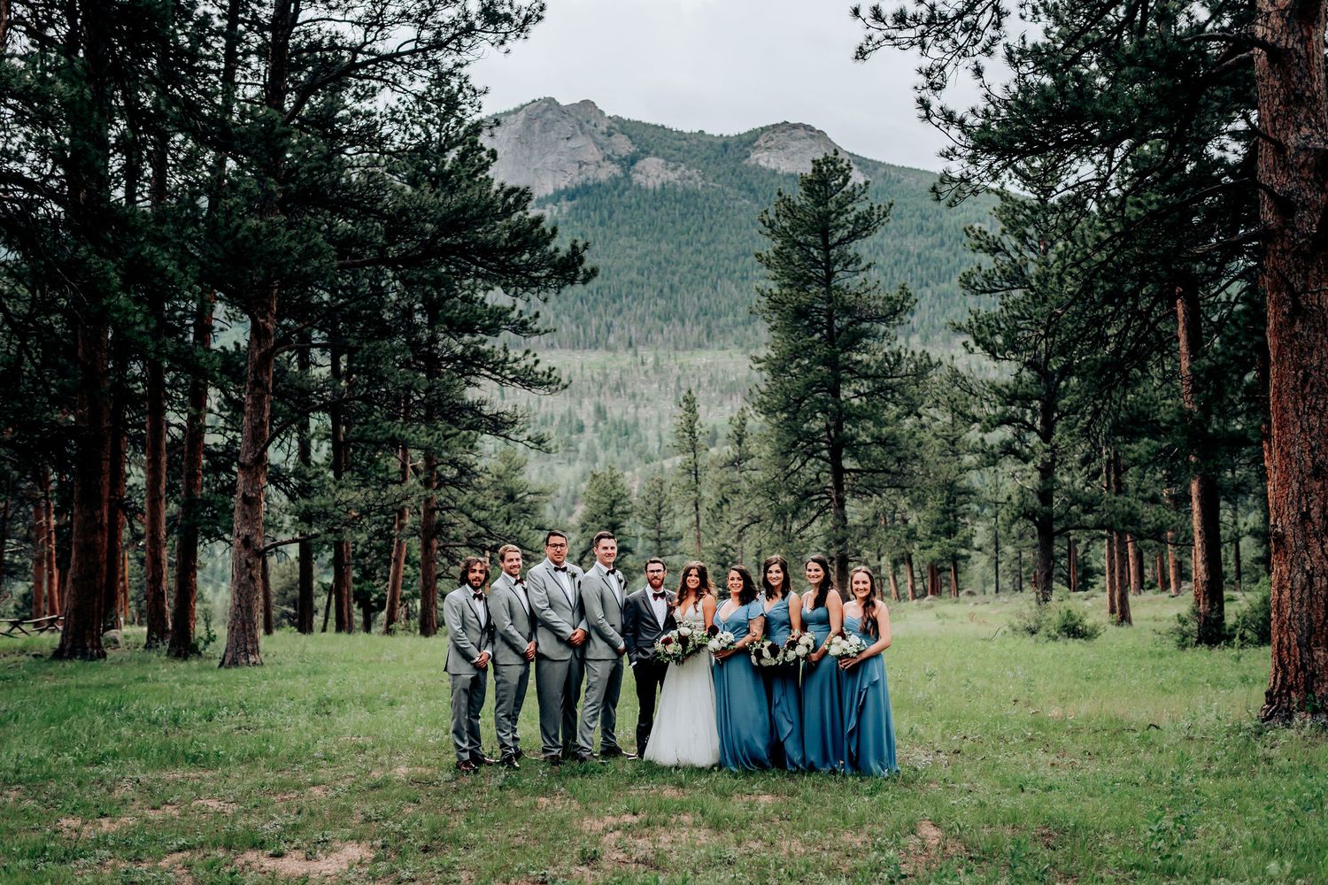 Wedding party in gray and blue attire poses in a mountain meadow with evergreen forest backdrop.