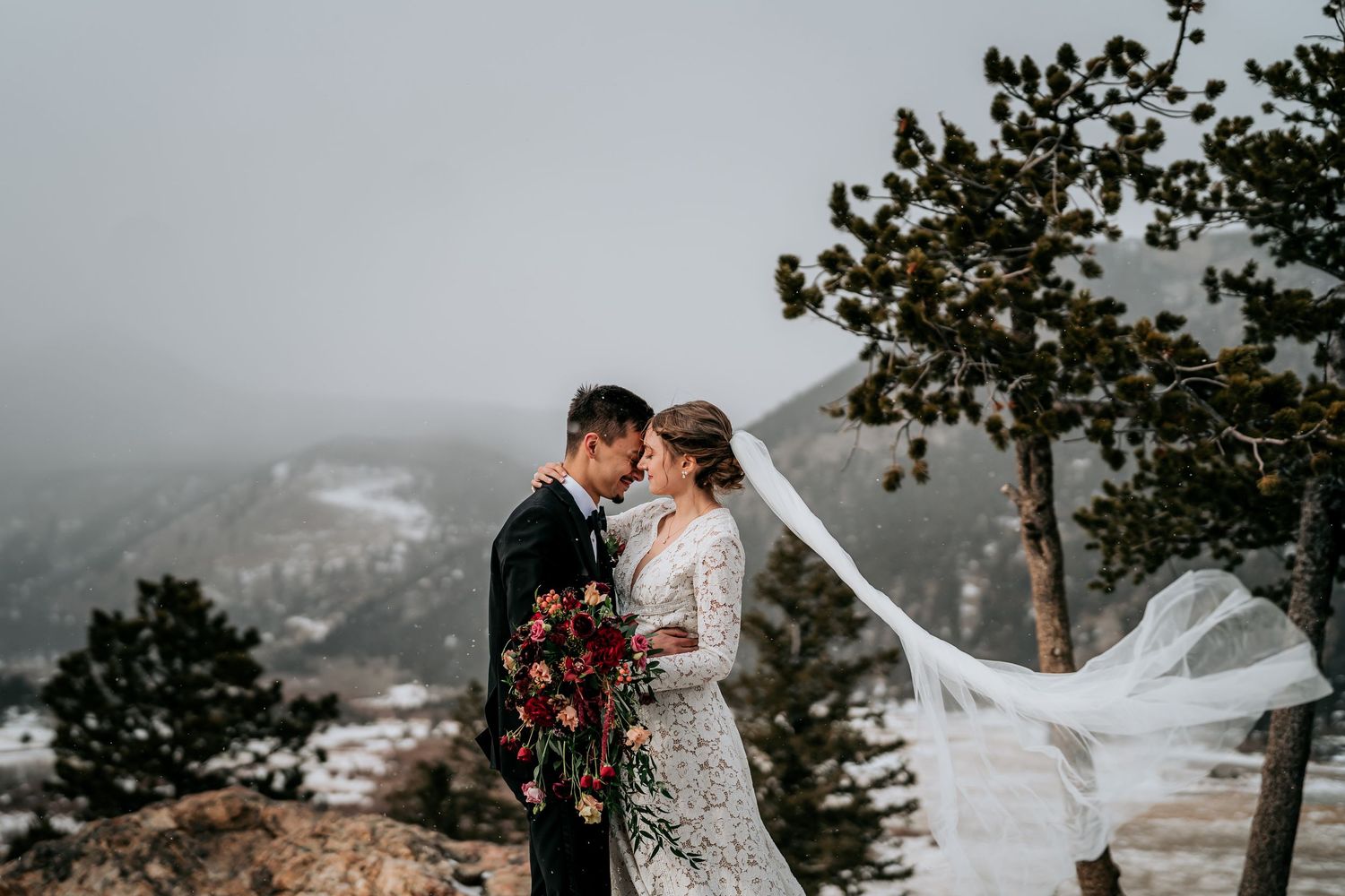 Wedding couple poses against dramatic mountain backdrop with flowing veil in the wind.