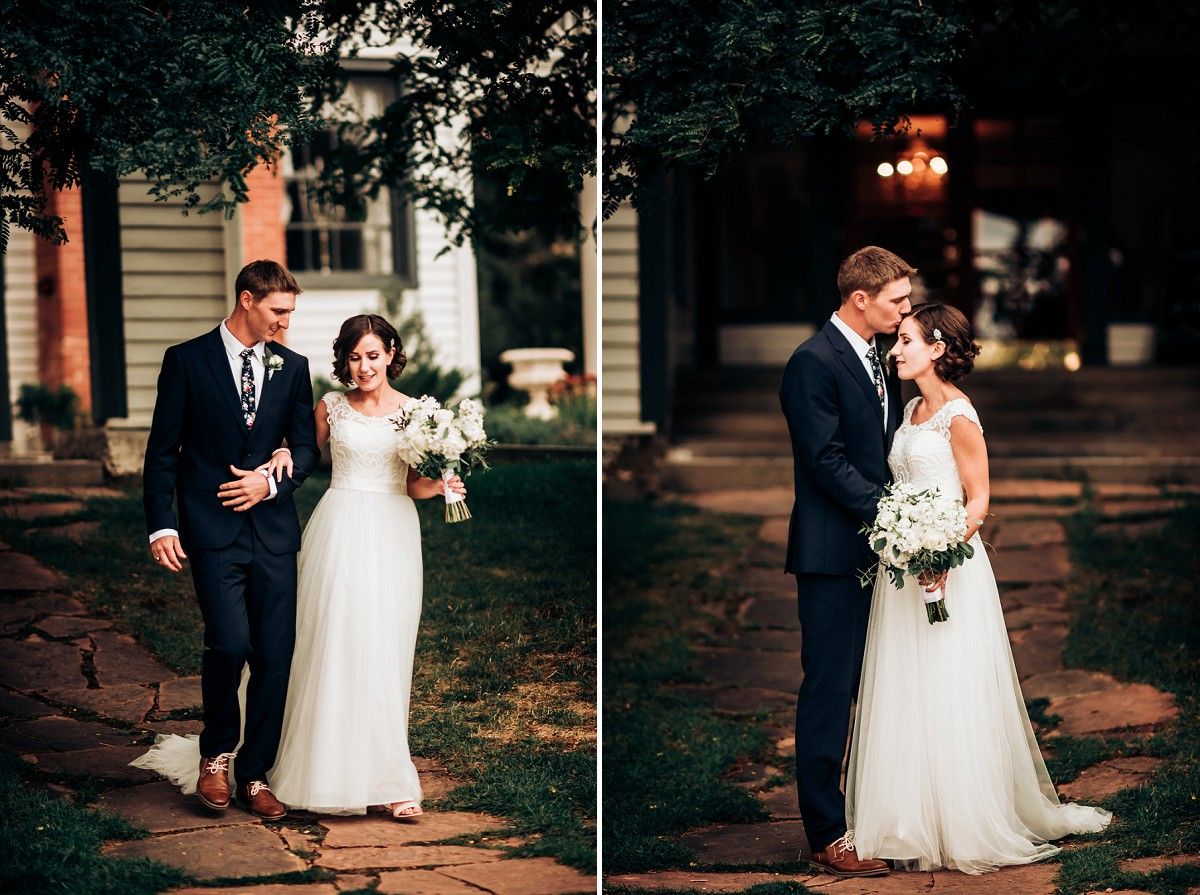 Two romantic outdoor wedding portraits with lush greenery and soft evening lighting.