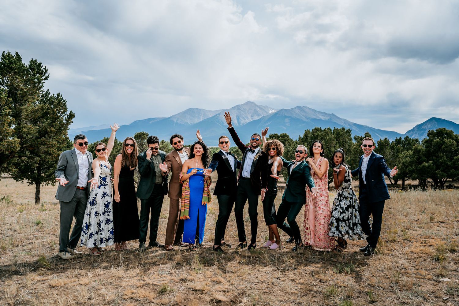 Wedding party poses together in front of scenic mountain landscape.