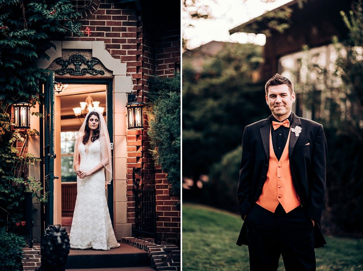 Wedding portraits showing contrast between elegant doorway pose and outdoor formal attire.