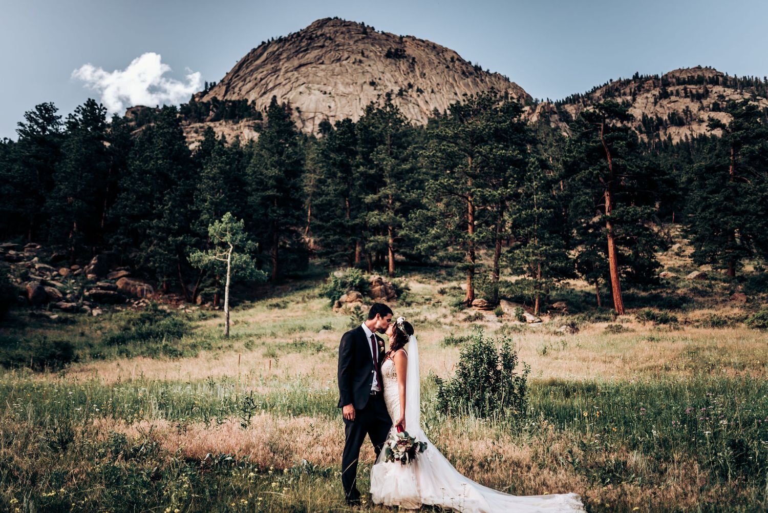 Wedding portrait with majestic mountain peak and evergreen forest landscape.