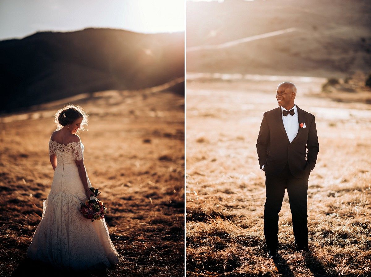Side by side wedding photos showing a bride and groom in formal attire against a mountainous landscape.
