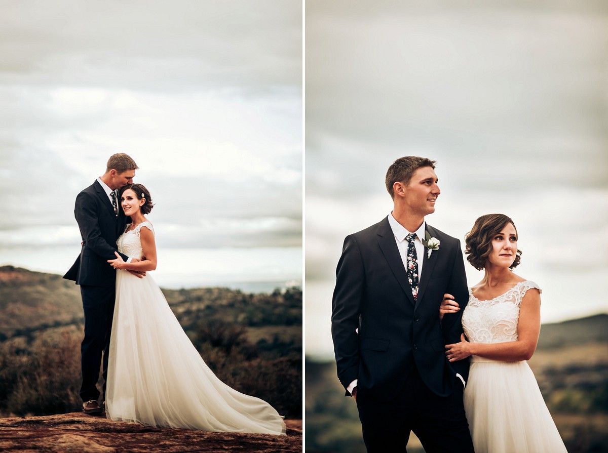 Wedding photos of newlyweds posing against a scenic mountain backdrop.