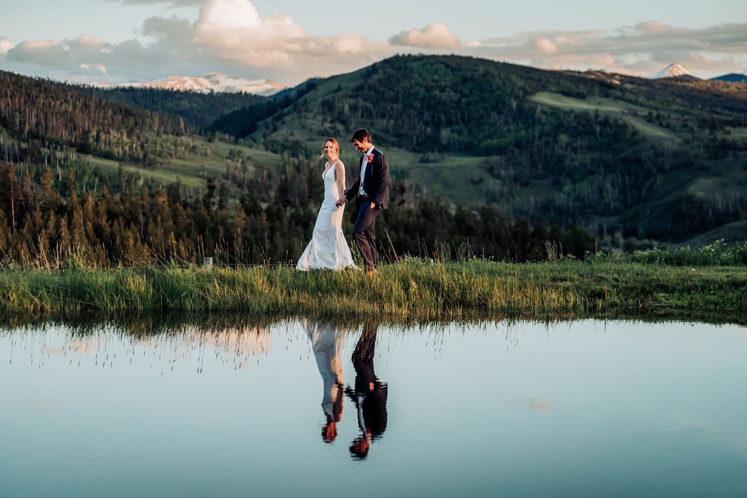 Mountain landscape with lake reflections during a wedding photoshoot.