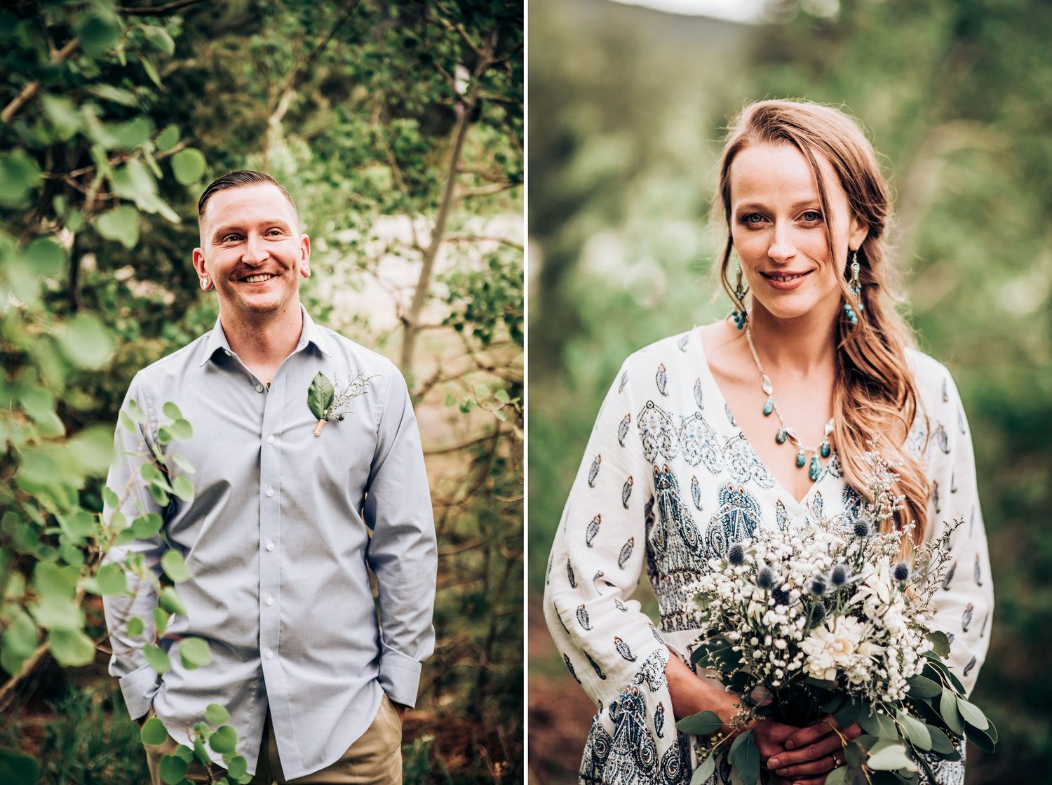 Wedding portraits showing the bride and groom separately against natural outdoor backgrounds.