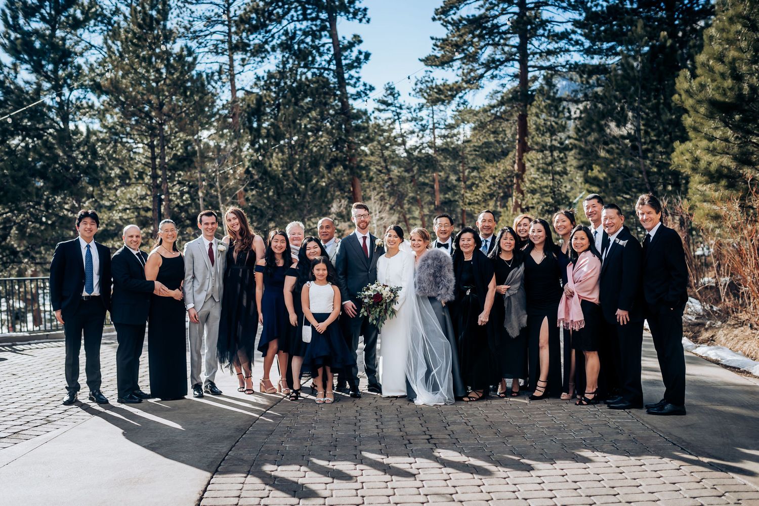 Large wedding party posed together on stone patio with mountain backdrop.