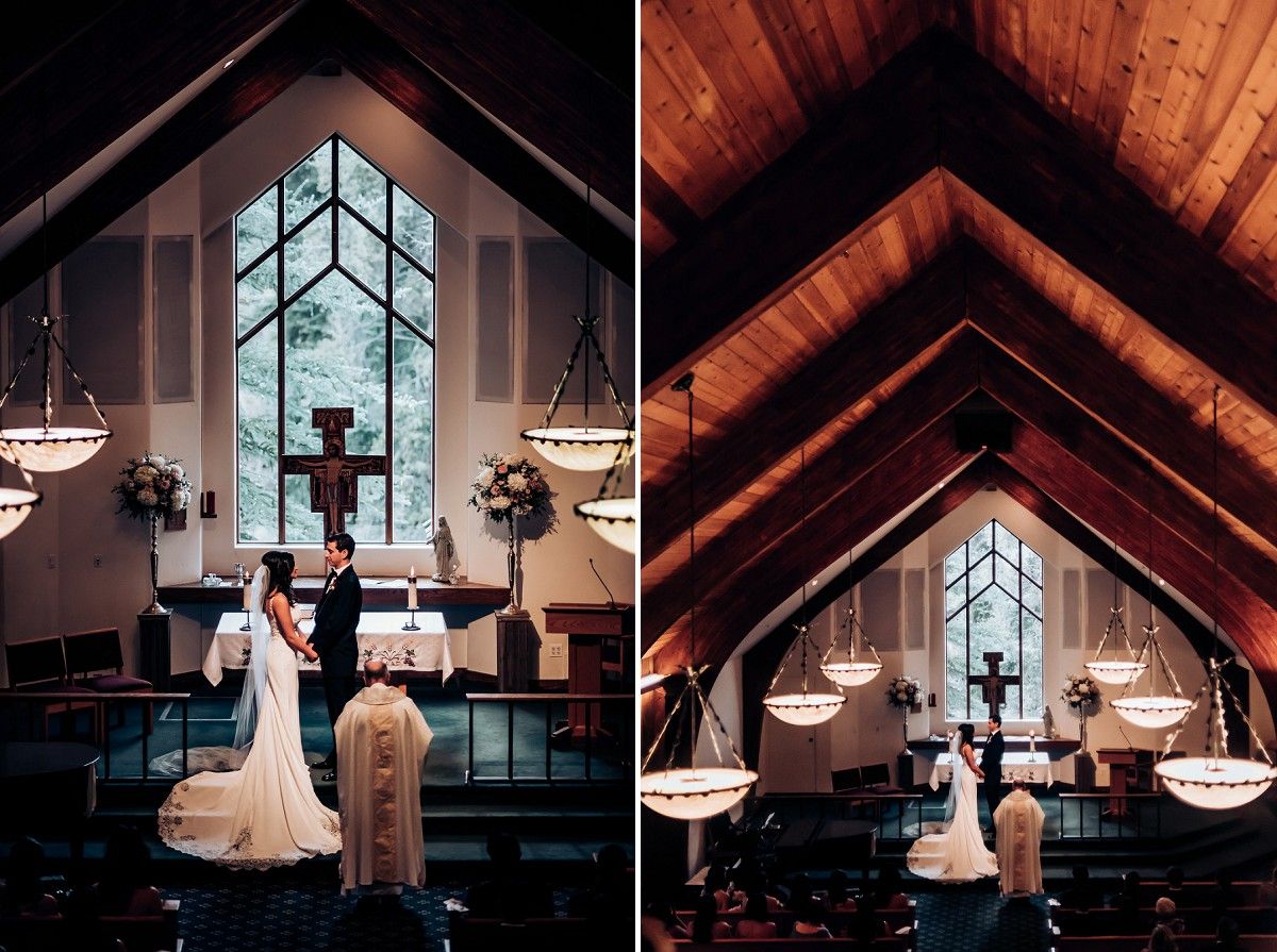Split view comparison of a chapel interior during a wedding ceremony with vaulted wooden ceiling.