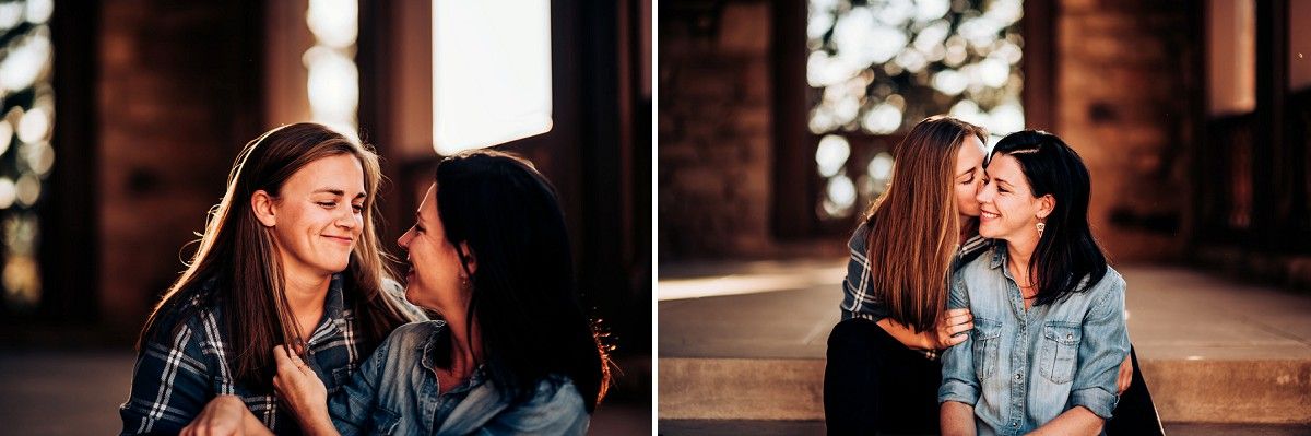 Two people share tender moments against ornate wooden doors in warm lighting.