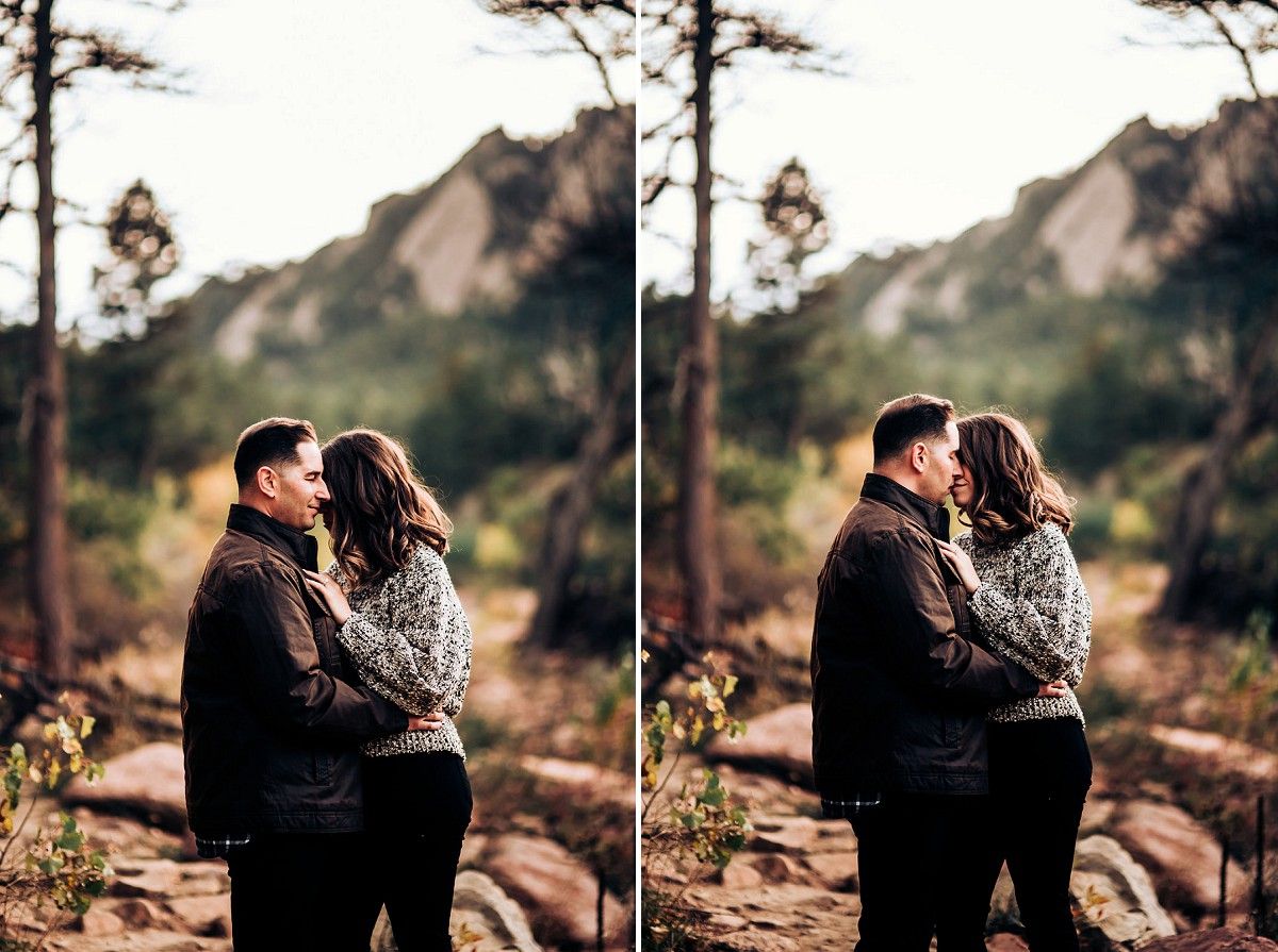 Intimate couple portraits against mountain backdrop during golden hour.