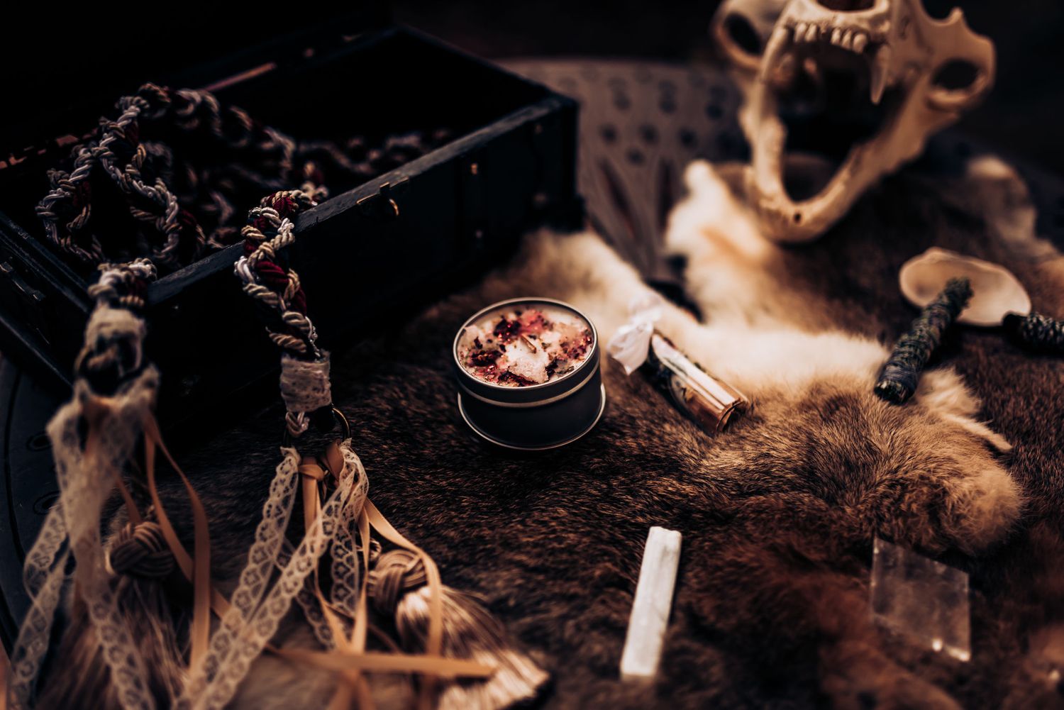 Various animal bones and ritual items arranged on dark fur backdrop.