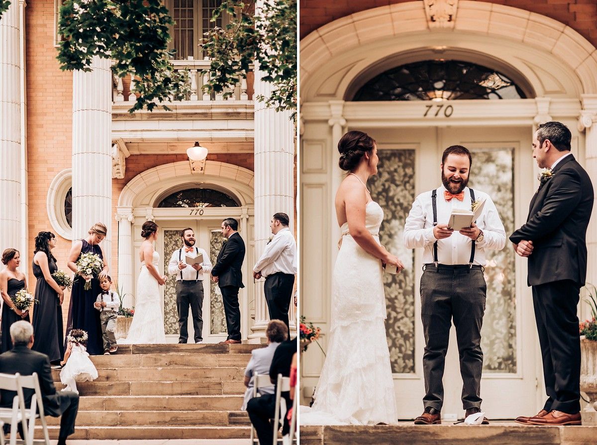 Split view of wedding ceremony on mansion steps and close-up of vow exchange under archway.
