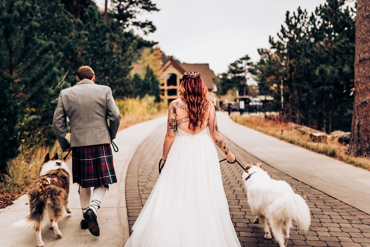 A couple and their dogs walk along a brick pathway with mountain scenery and buildings in the background.