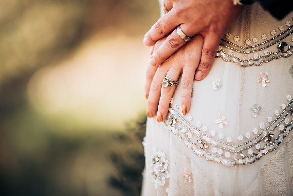 Close-up detail of wedding rings and beaded dress decoration showing hands together.