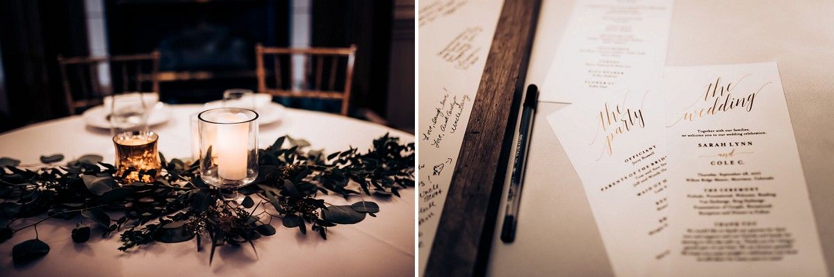 Wedding reception details with black candleholders and printed menu cards.