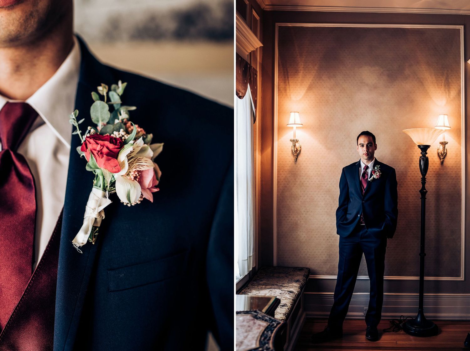 Classic burgundy boutonniere with roses and greenery on navy suit next to elegant interior shot.