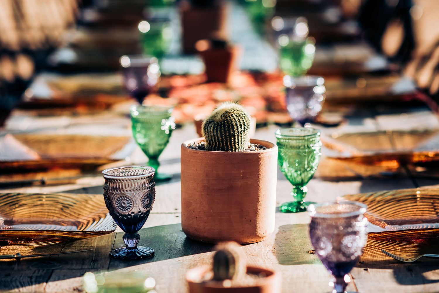 Table setting with green glassware and small potted cactus centerpieces for desert wedding.