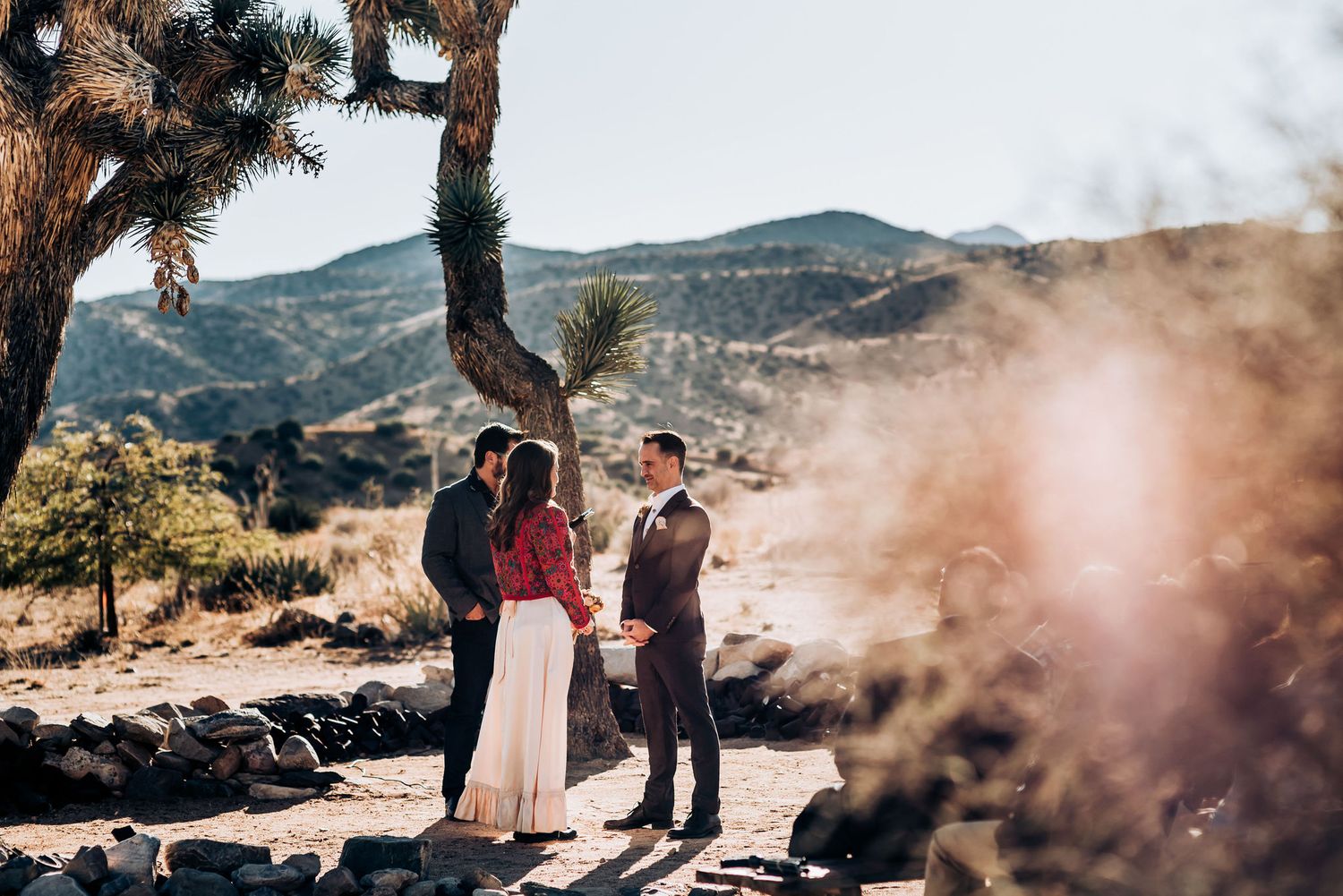 Couple standing among Joshua trees with mountains and desert landscape in the background.