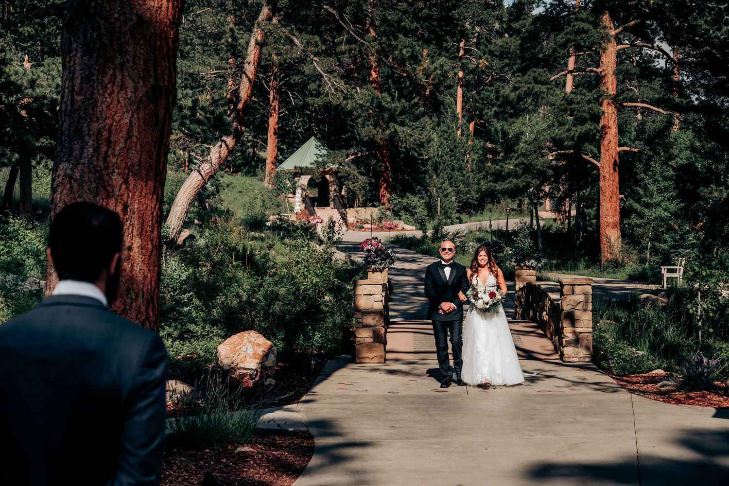 A wedding ceremony viewed through tall pine trees with a stone pathway and natural landscaping.