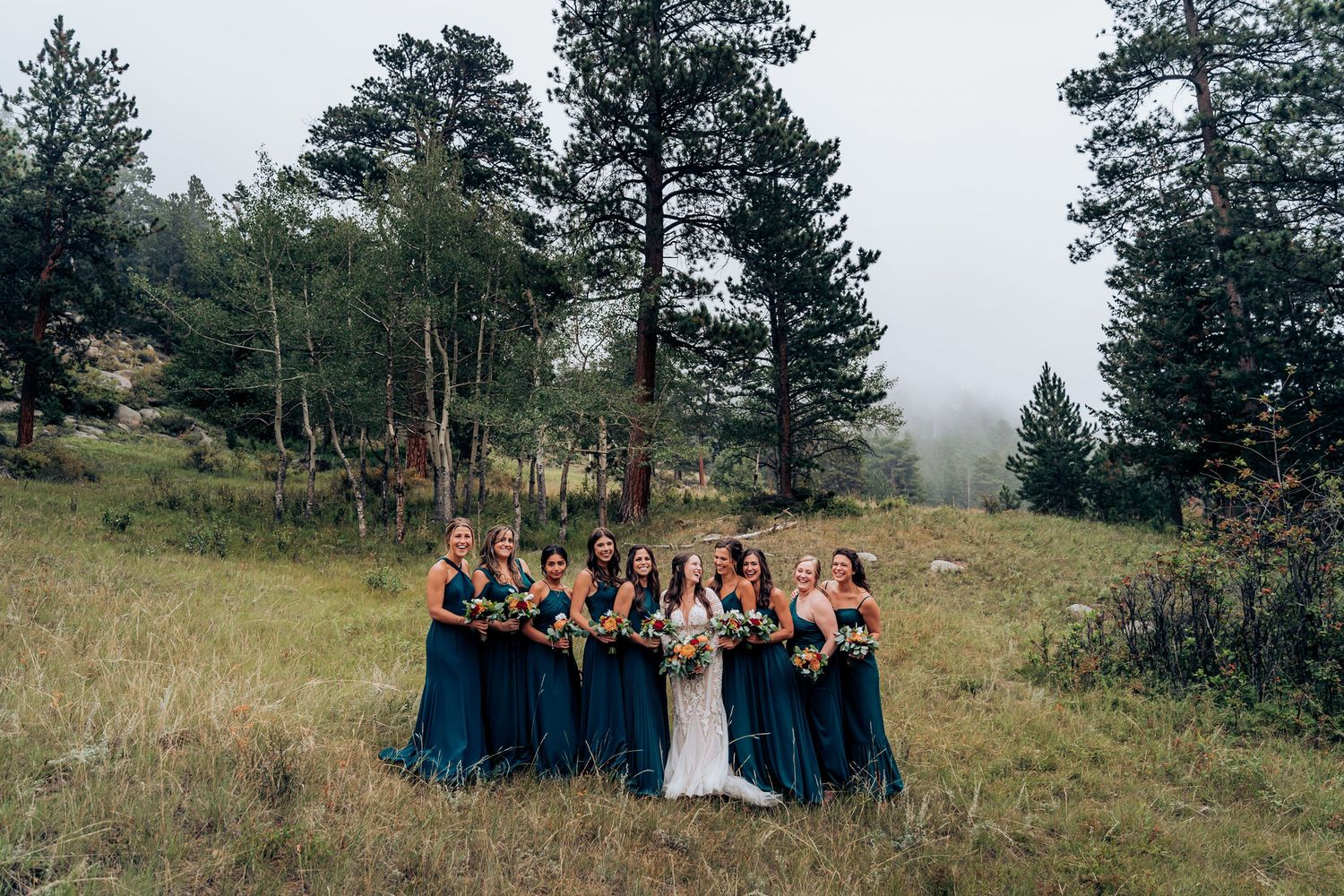 Bridesmaids in teal dresses pose with bride on grassy hillside in mountain setting.