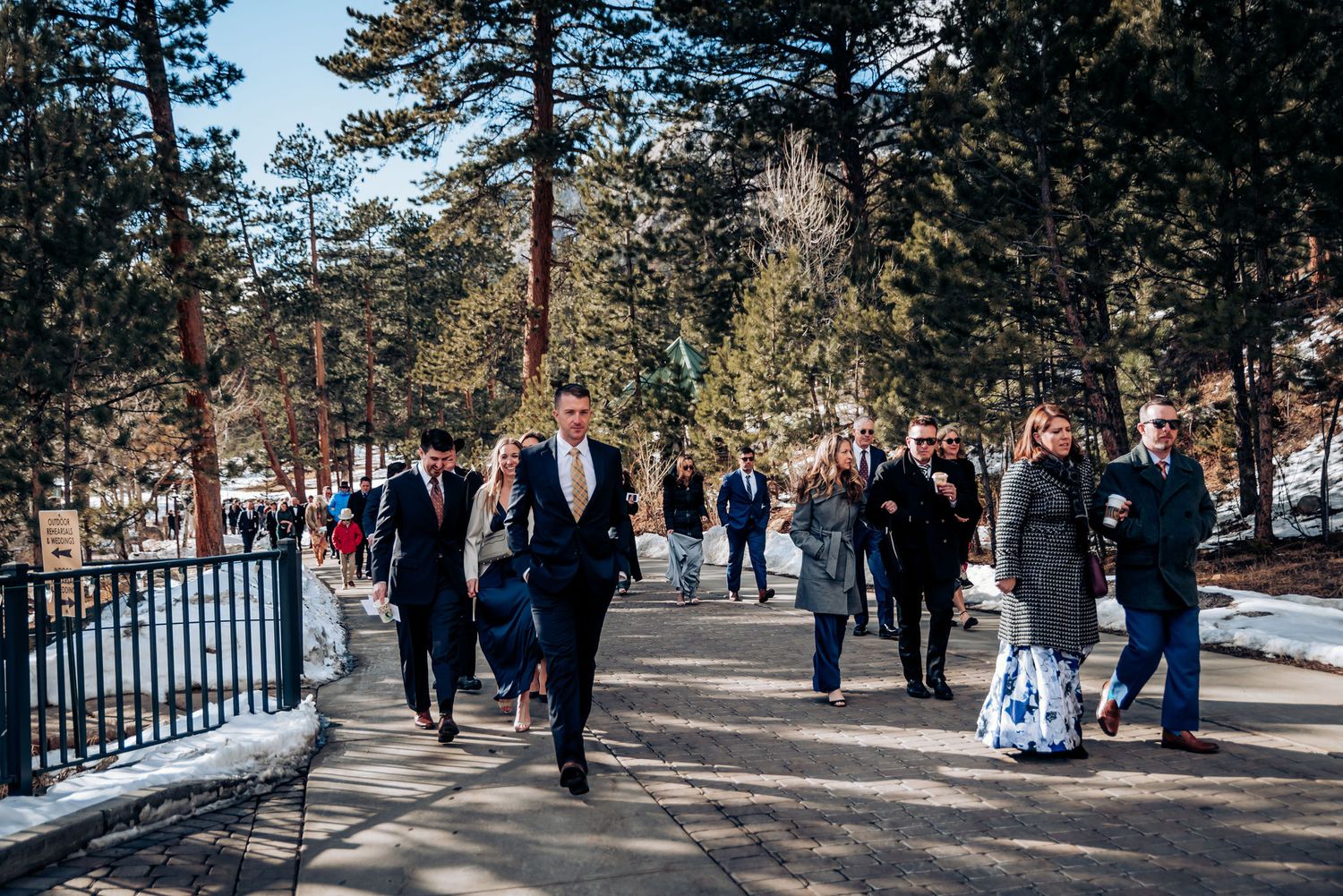 Wedding guests walking along snowy path surrounded by pine trees.