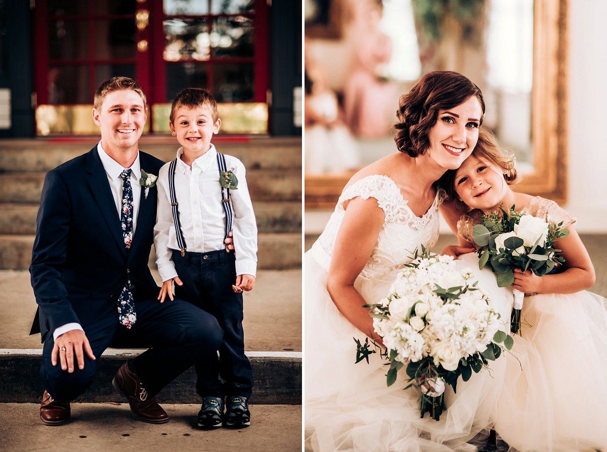 Wedding party photos featuring formal attire and white floral bouquet.