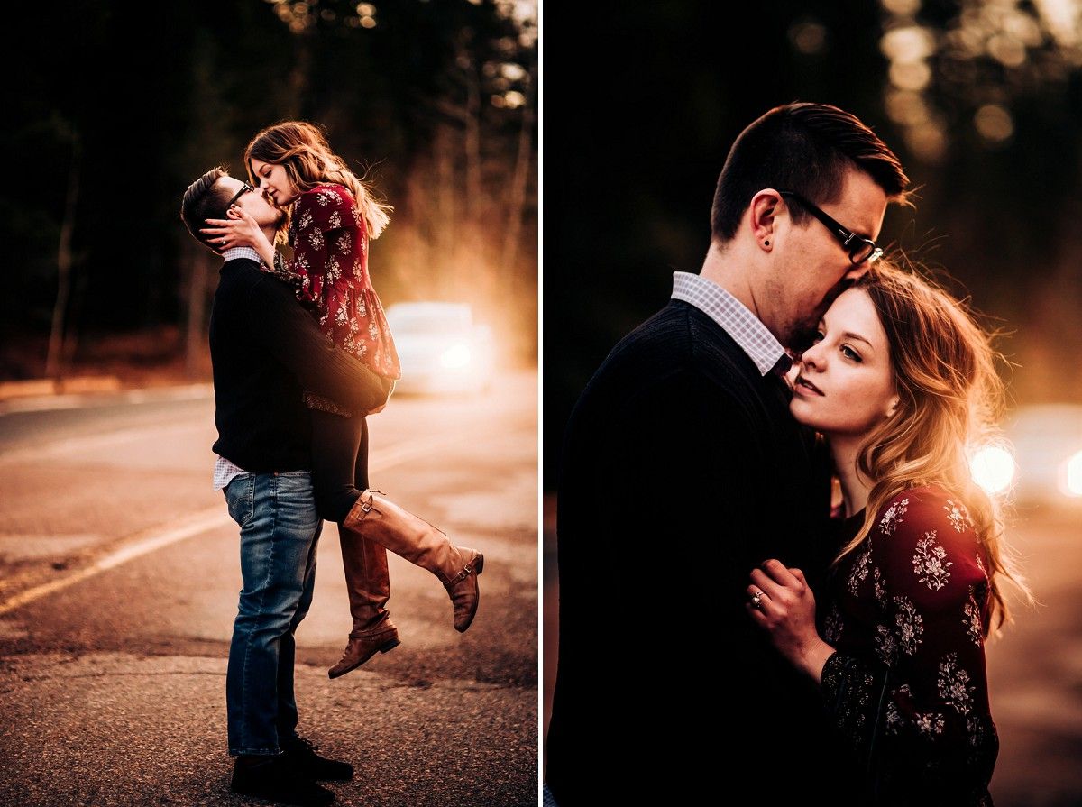 Two intimate portraits at sunset showing couple embracing on rural road.