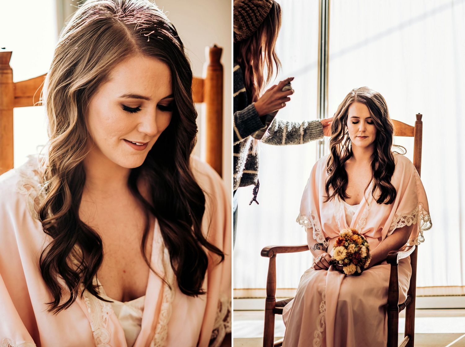 Two photos showing bridal preparation moments in warm natural lighting.