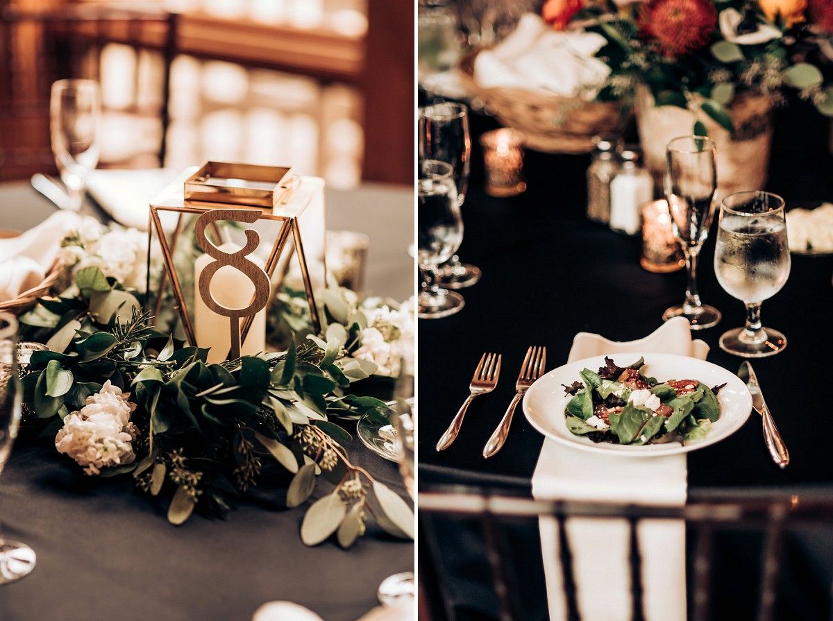 Elegant table settings with gold lantern centerpieces and fresh green salads at wedding reception.