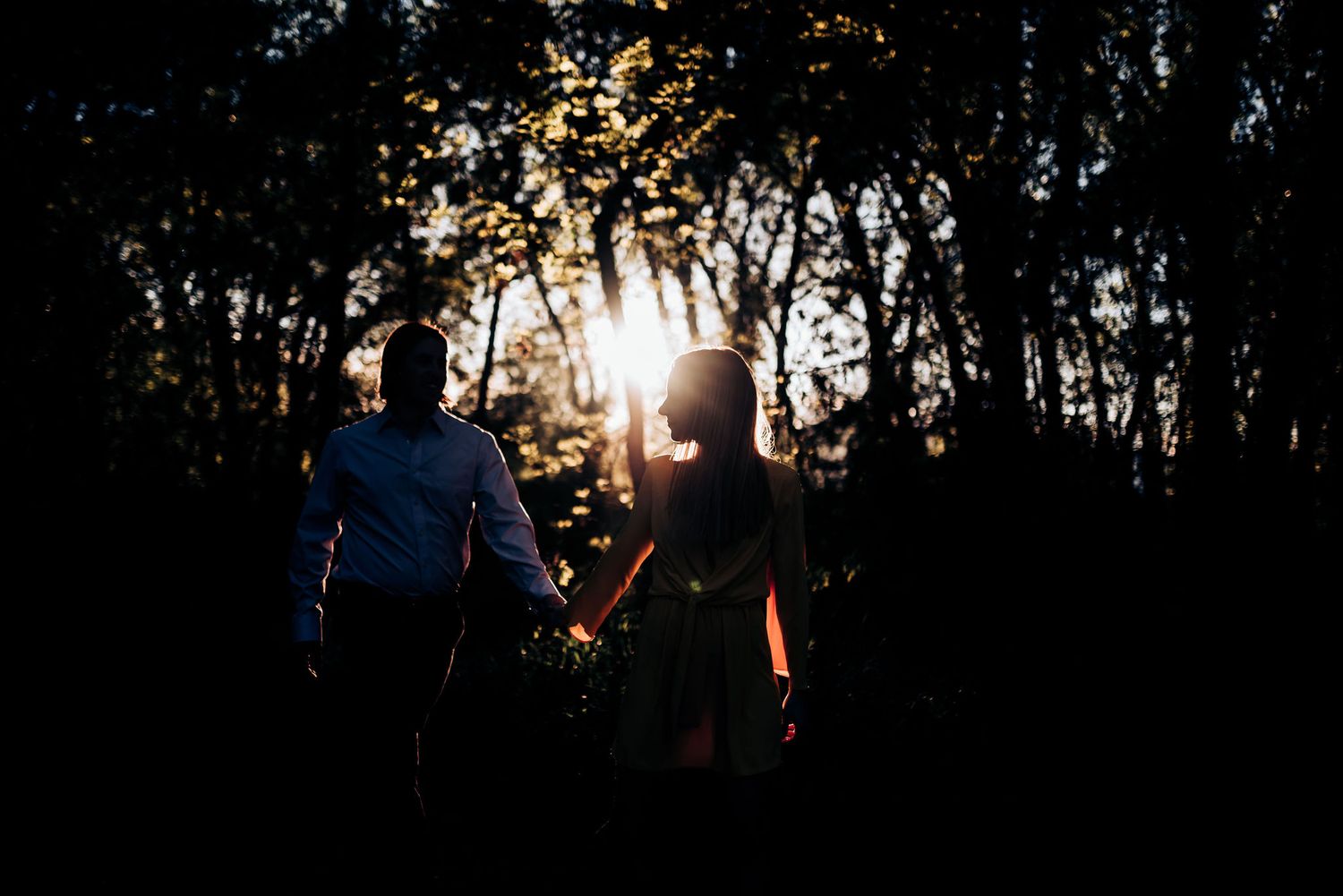 A romantic silhouette of a couple holding hands in a forest at sunset.