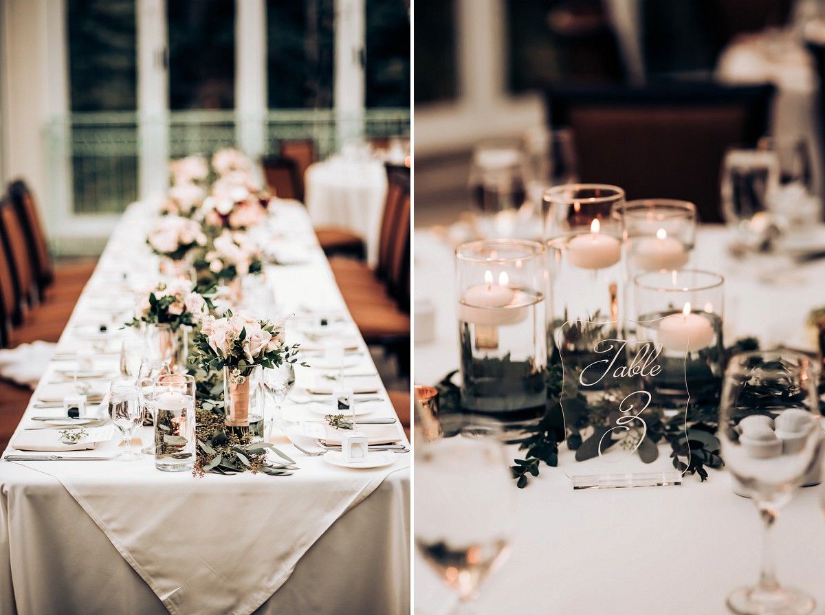 Elegant wedding reception table settings with white linens and glowing candle centerpieces.